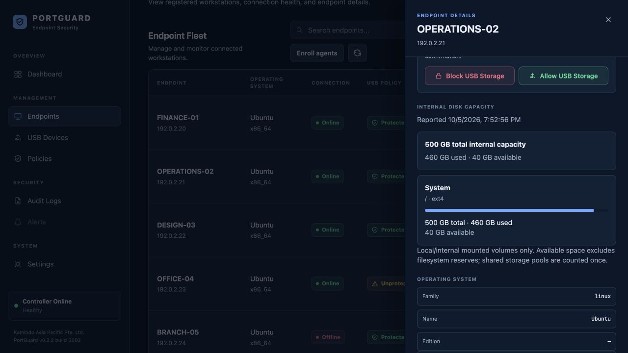 Actual PortGuard Console: read the disk capacity breakdown, with example data