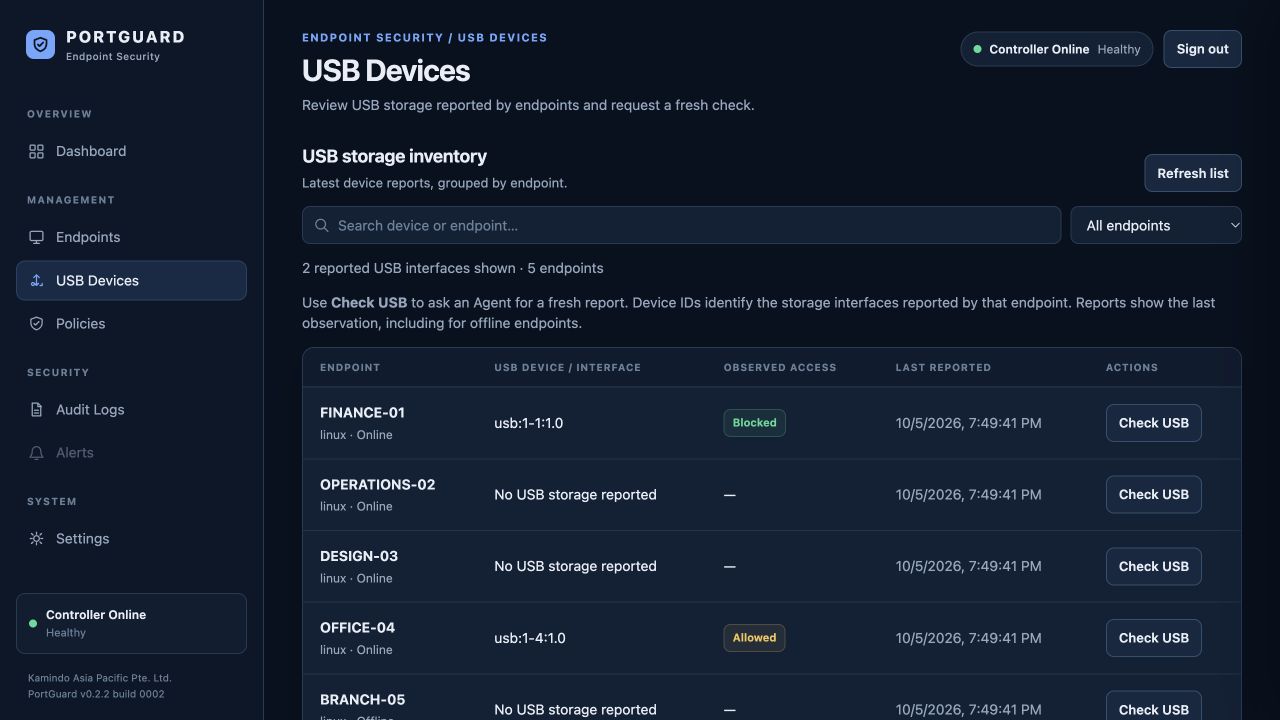 Actual PortGuard Console: see reported usb storage, with example data